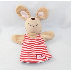 Doudou marionnette lapin SUNKID Play with me ! beige rayé rouge 25 cm