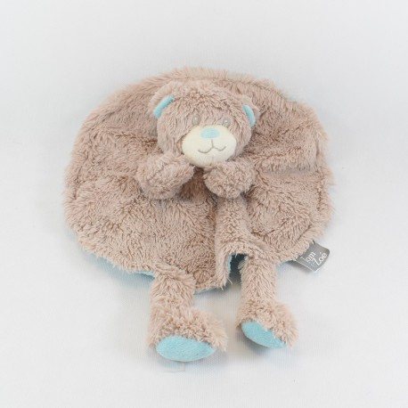 Doudou flat bear TOM - ZOÉ round beige and blue puppet 30 cm