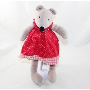 Peluche Nini la souris MOULIN ROTY La Grande Famille robe rouge pois blanc 29 cm