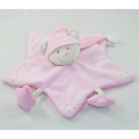 Doudou flat bear NICOTOY pink star cap 30 cm