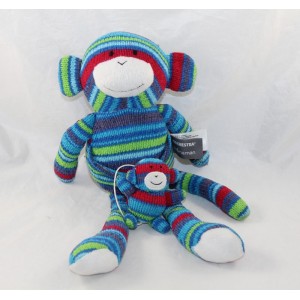 Peluche singe ORCHESTRA Prémaman tricot laine rayures bleu poche bébé 30 cm