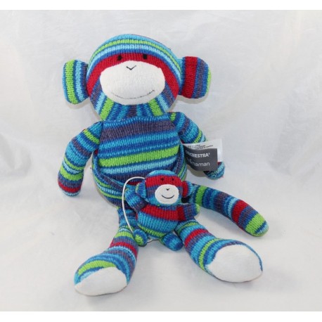 Peluche mono ORQUESTA Premaman punto rayas de lana azul bolsillo bebé 30 cm