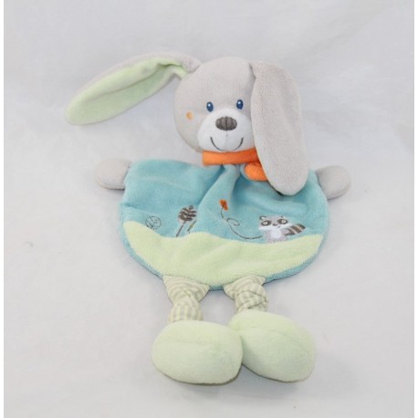 Doudou plat lapin TEX BABY Carrefour bleu vert raton laveur 27 cm