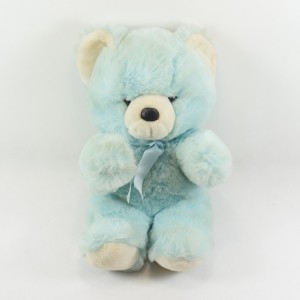 Peluche ours AURORA CARREFOUR bleu et blanc vintage 36 cm