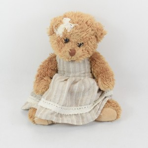 Peluche ours BUKOWSKI oursonne robe en lin et taupe 24 cm