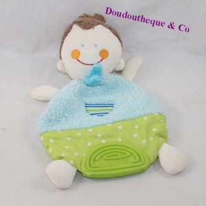 Doudou flach junge BABYSUN puppe braun ring zähne blau 24 cm