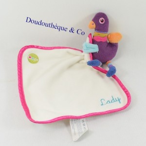 Doudou plat oiseau OOPS lady mouchoir blanc violet 16 cm