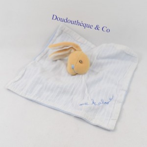 Doudou plat lapin Kaloo bleu tissu rayures blanches brodé 20 cm