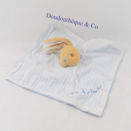 Doudou coniglio piatto Kaloo tessuto blu con strisce bianche ricamate "kaloo" 20 cm