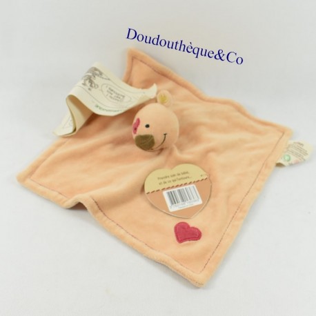 Doudou plat bär BIODOURS beige coeur rouge 100% bio