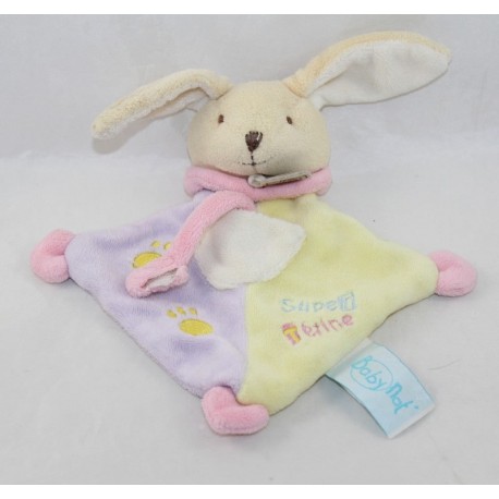 Doudou attache tétine lapin BABY NAT' Super tétine rose mauve jaune 20 cm