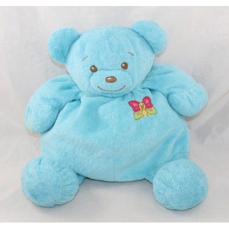 Peluche ours NOUNOURS bleu ciel brodé papillon rose vert 30 cm