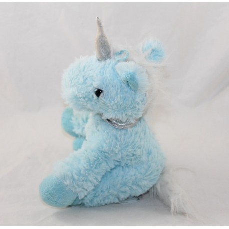 Peluche licorne BIMAR bleu ciel corne argent 24 cm
