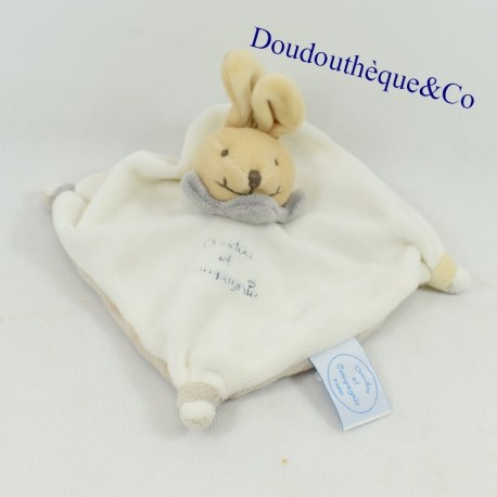 Doudou plat lapin DOUDOU ET COMPAGNIE mini blanc doudou col gris 15 cm