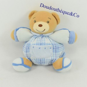 Doudou patapouf ours KALOO poche et carreaux bleu 15 cm