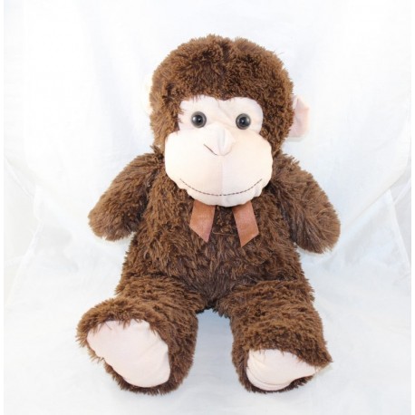 Peluche singe MAX & SAX marron beige noeud satin Carrefour 55 cm