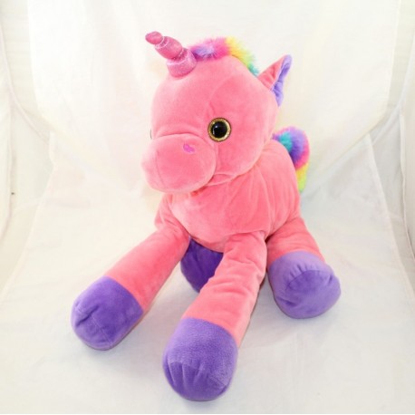 Peluche licorne NANJING rose multicolore gros yeux brillants 40 cm