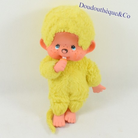 Peluche singe KIKI LE VRAI AJENA jaune yeux bleus vintage RARE 19 cm