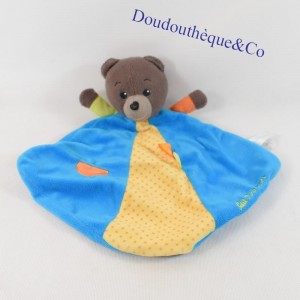 Doudou plat Petit Ours Brun JEMINI BAYARD grelot bleu jaune 26 cm