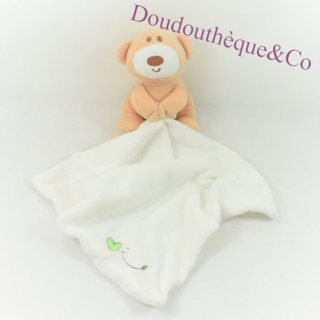 Doudou handkerchief bear BEDTIME BEAR brown white heart green