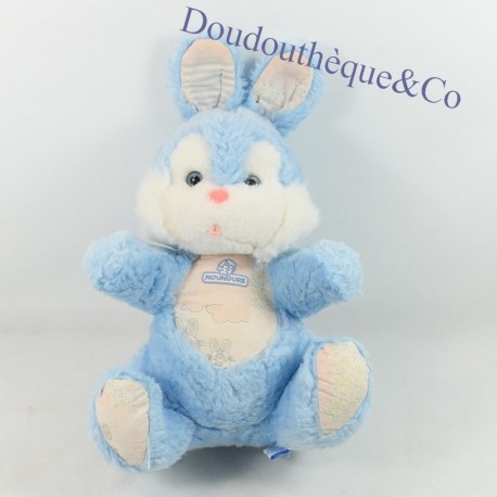 Peluche lapin NOUNOURS bleu blanc vintage langue tirée 30 cm