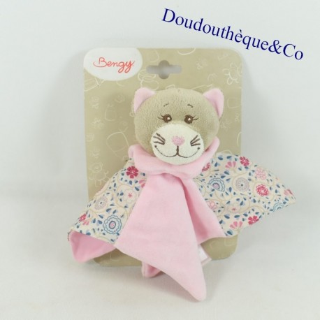 Doudou flat cat BENGY pink, purple and flowers 20 cm