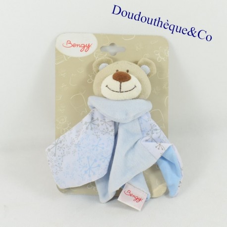 Doudou flach Bären BENGY Robin blau braun Flocken Muster 20 cm