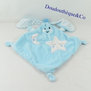Doudou flaches Kaninchen AUCHAN blau weiß Diamant Stern und Mond 31 cm