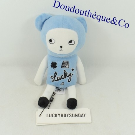 Doudou Bär LUCKYBOYSUNDAY blau und weiß 22 cm