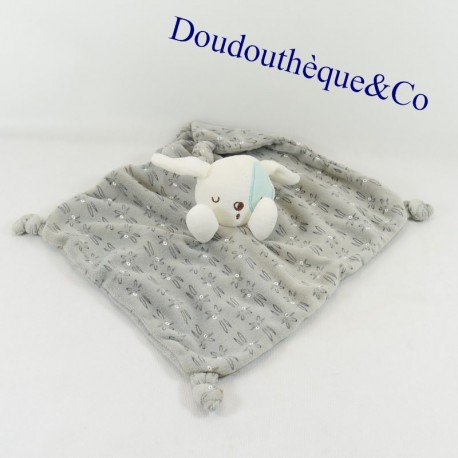 Doudou flat rabbit SIPLEC Leclerc gray and white cocard 22 cm