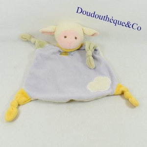Doudou plat mouton BABY NAT' foulard jaune et nuage 29 cm