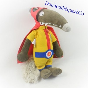Peluche Le Loup AUZOU Super héros habit jaune cape rouge 28 cm