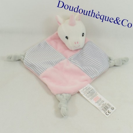 Cuddly flat unicorn TOM & KIDDY pink and gray stripes bell 31 cm