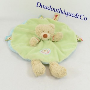 Doudou flat bear NICOTOY round beige and green embroidered crest 26 cm