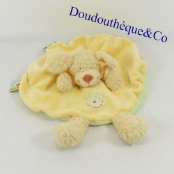 Doudou flat dog NICOTOY round beige and yellow embroidered crest 26 cm