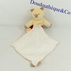 Doudou mouchoir ours SUCRE D'ORGE Cajou beige et rouge 18 cm