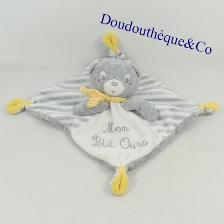 Doudou flat bear PAT & RIPATON La Halle square gray and white 20 cm