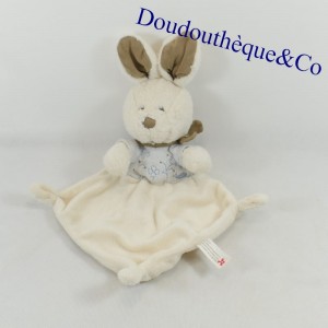 Doudou plat lapin NICOTOY blanc bleu broderie coccinelle foulard taupe