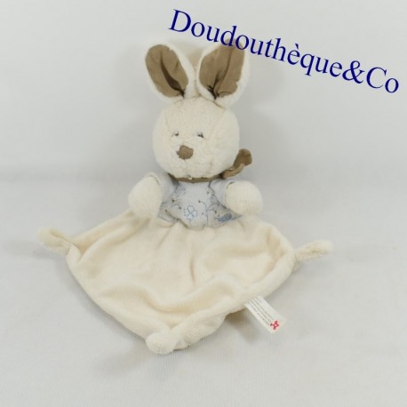 Doudou flaches Kaninchen NICOTOY weißblau Stickerei Marienkäfer Schal taupe