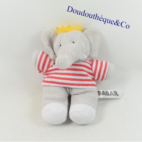 Peluche elefante Babar LANSAY t-shirt a righe bianche rosso 19 cm