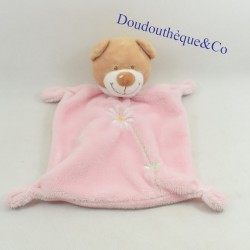 Doudou flat bear NICOTOY pink embroidery daisy 26 cm