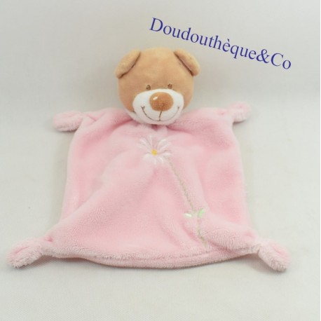 Doudou plat ours NICOTOY rose broderie marguerite 26 cm