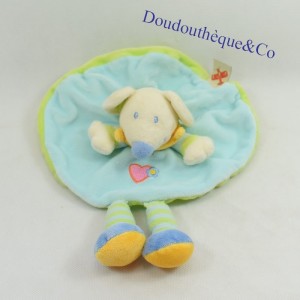 Doudou flat mouse NICOTOY round blue green heart embroidered 26 cm