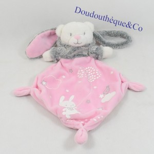 Doudou flacher Bär KINDERWÖRTER getarnt als Kaninchenraute rosa graue Wolken