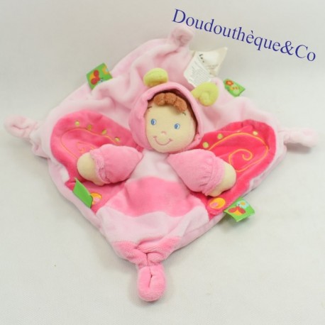 Doudou plat garçon papillon NICOTOY rose et vert 22 cm