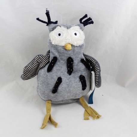 Musical plush owl MOULIN ROTY The Moustaches gray black gold 20 cm