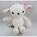 Doudou mouton H&M blanc noeud rose satin sur la tête 22 cm
