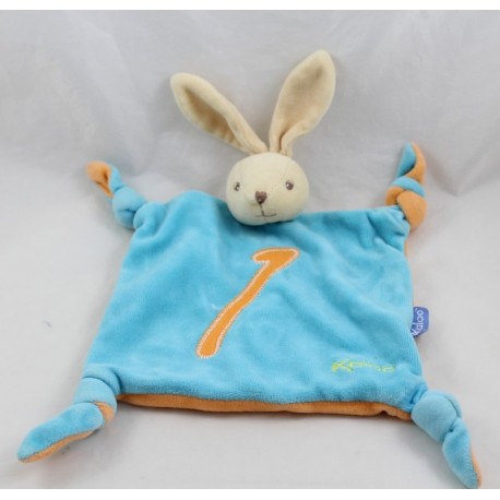 Doudou flaches Kaninchen KALOO Nummer 1 blau orange 4 geknotete Ecken 32 cm