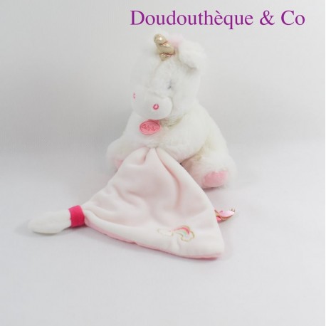 Doudou mouchoir licorne BABY NAT' blanc arc en ciel 26 cm