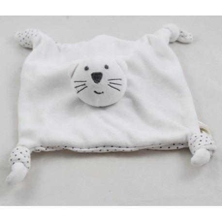 Doudou flat cat BOUT'CHOU Monoprix white gray stars 4 knots 22 cm